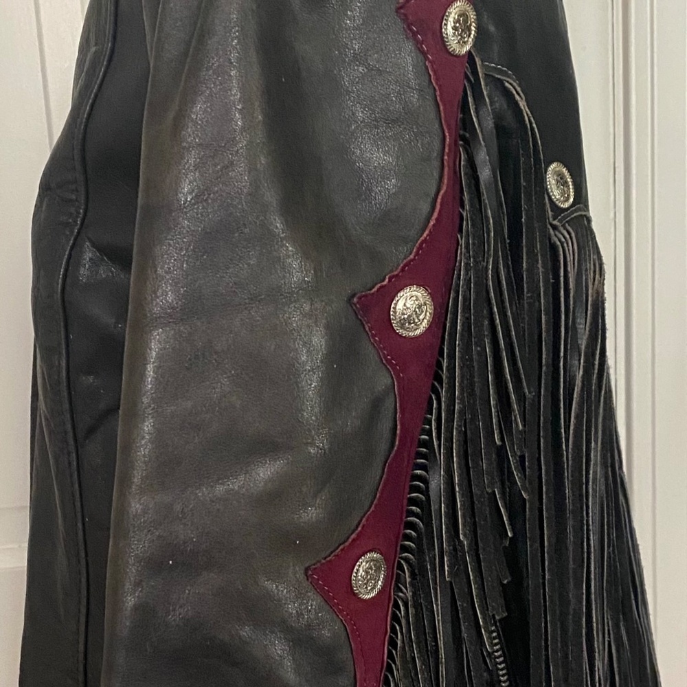 Gypsy Leather Motorcycle Jacket. Black,  Plum Suede Trim. Fringe, Studs.  12 - Picture 9 of 16